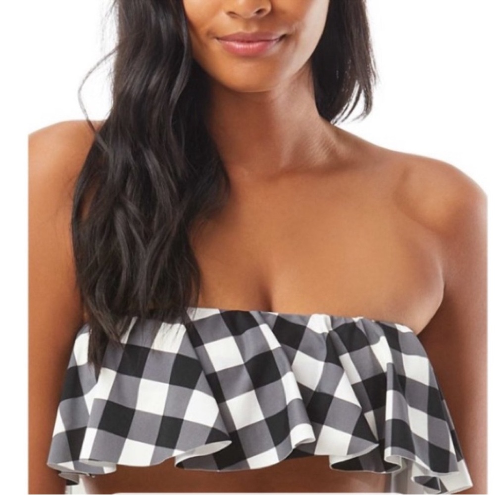 Kate Spade Bikini Top Ruffled Bandeau Gingham Print XS X-Small Black & White